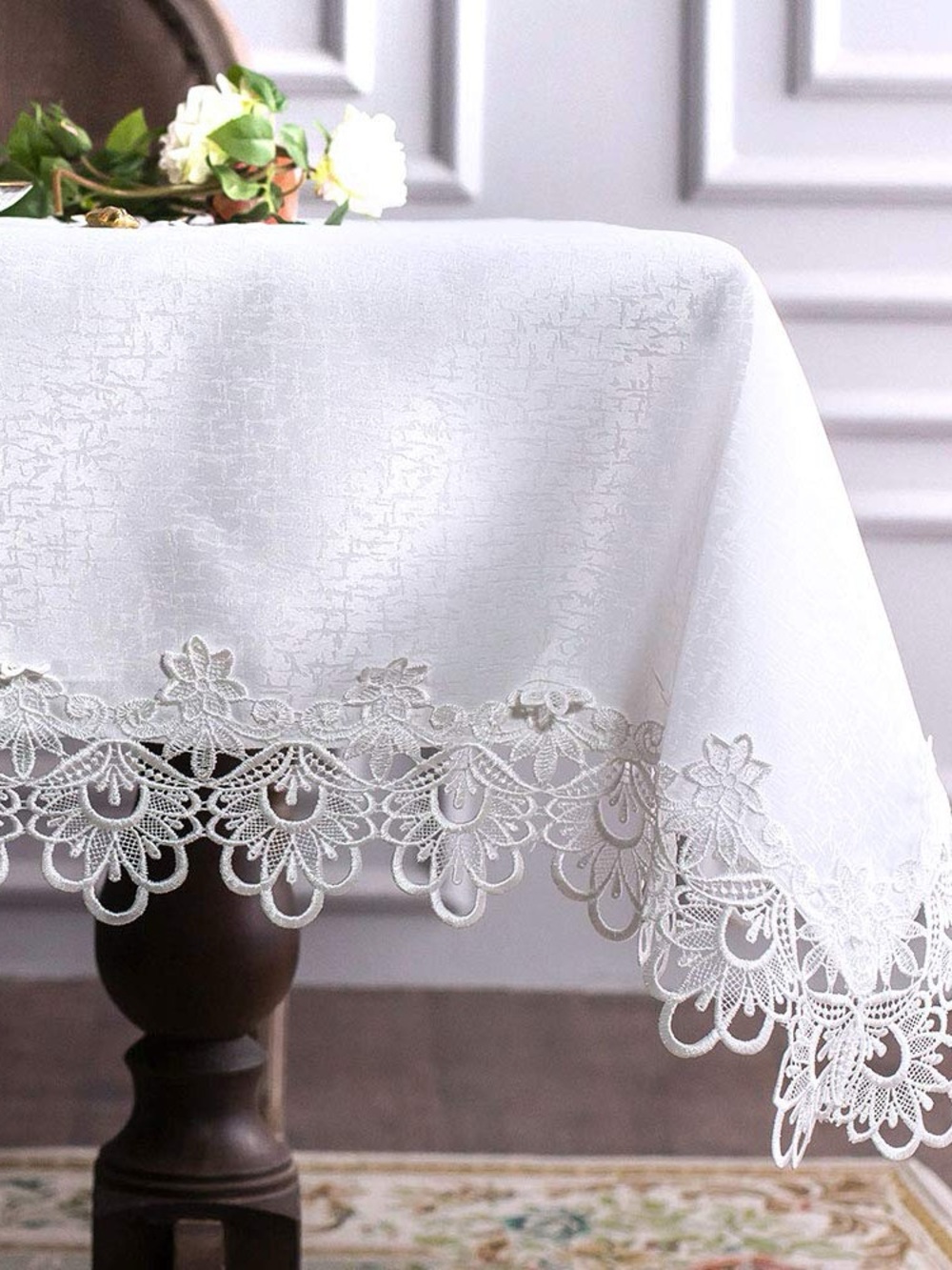 ARTABLE Rectangular Lace Tablecloth Macrame Border Embroidered White, 52" X 70"